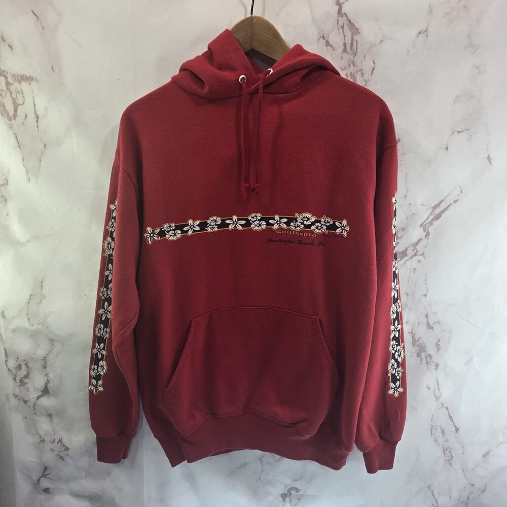 Huntington Beach Hoodie Mens Medium Red Pullover Sweatshirt California